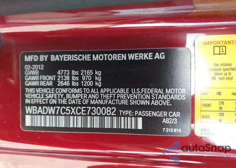 2012 BMW 328 z USA, uszkodzony, nr VIN WBADW7C5XCE730082